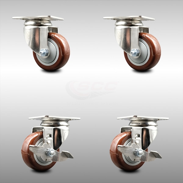 Service Caster 3 Inch 316SS Maroon Polyurethane Wheel Swivel Top Plate Caster Brakes SCC, 2PK SCC-SS31620S314-PPUB-MRN-2-TLB-2 - main